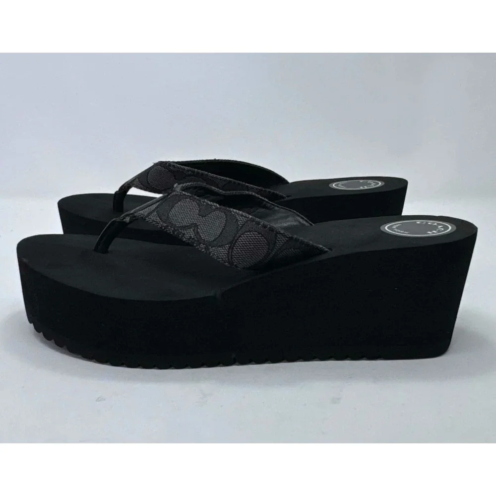 Coach Jen Signature C Jacquard Platform Wedge Flip Flop Sandals Y2K Womens 9B
